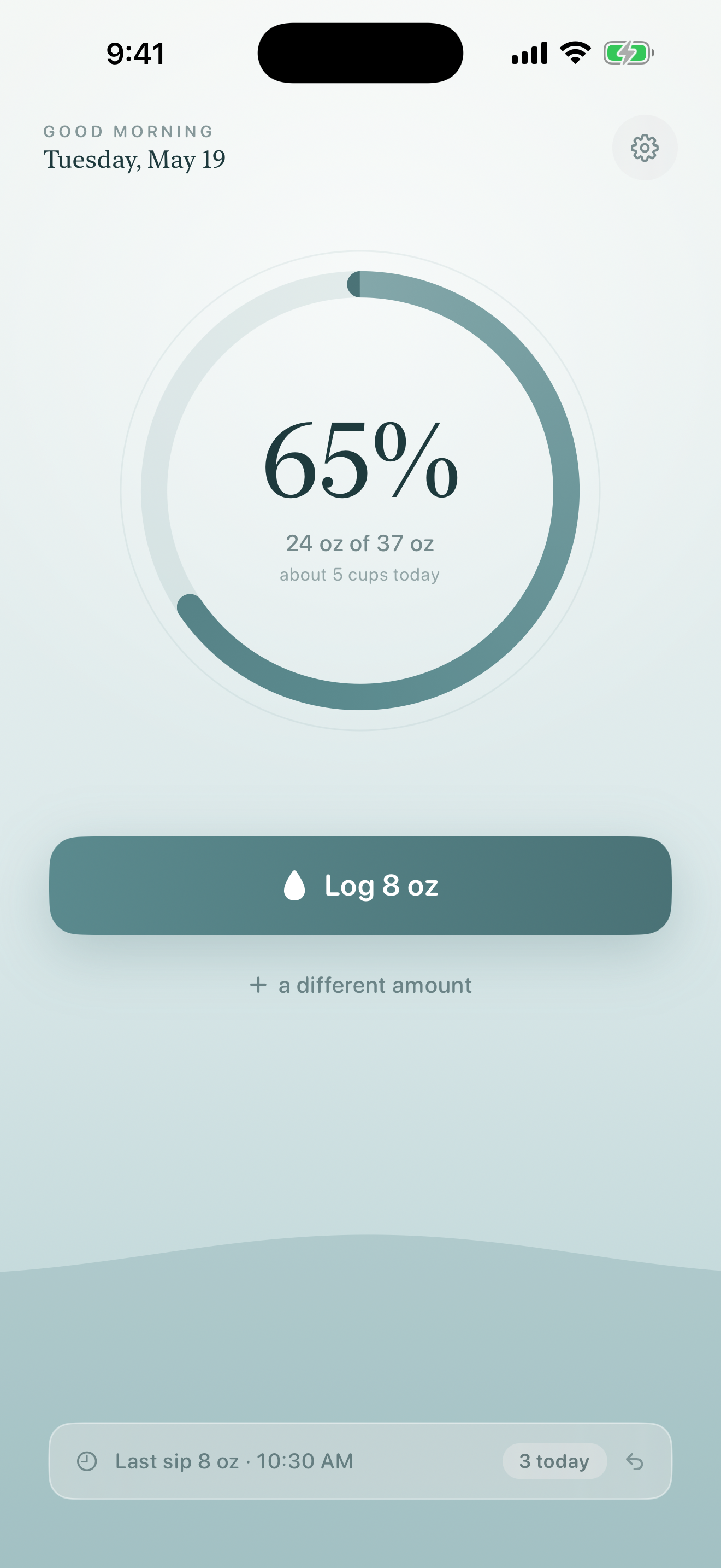 still. home screen, hydration progress at 65 percent, Log 8 oz button below
