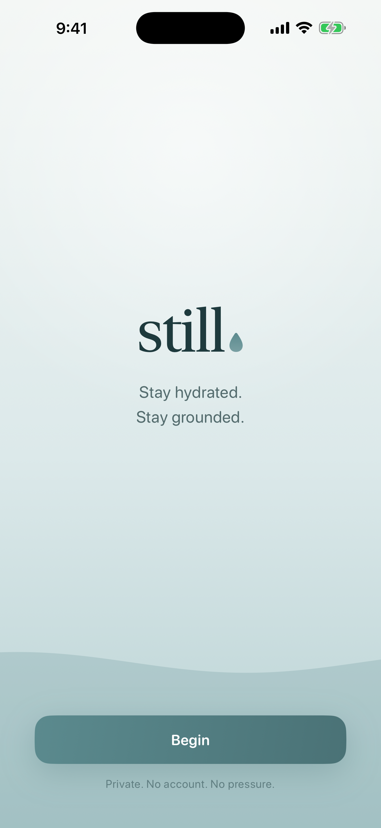 still. welcome screen with the wordmark and the tagline Stay hydrated, Stay grounded